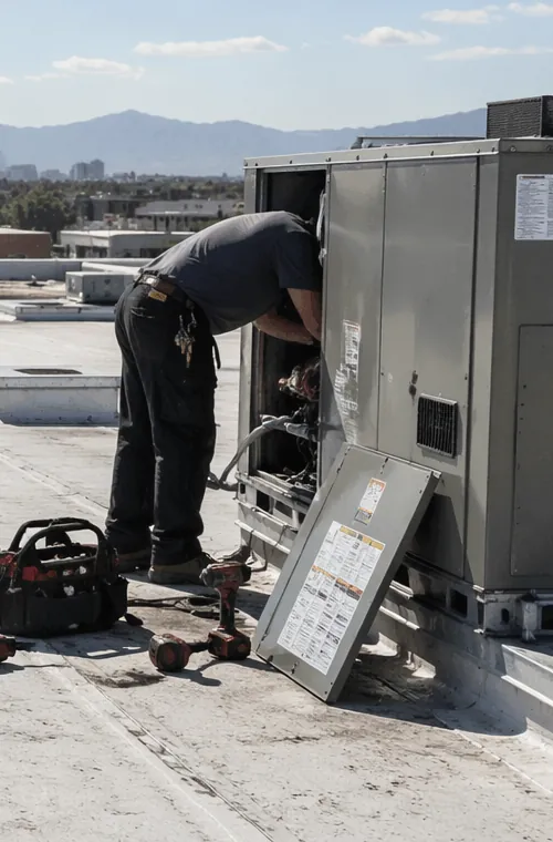 AZ Service Pro technician diagnosing a commercial rooftop HVAC control panel